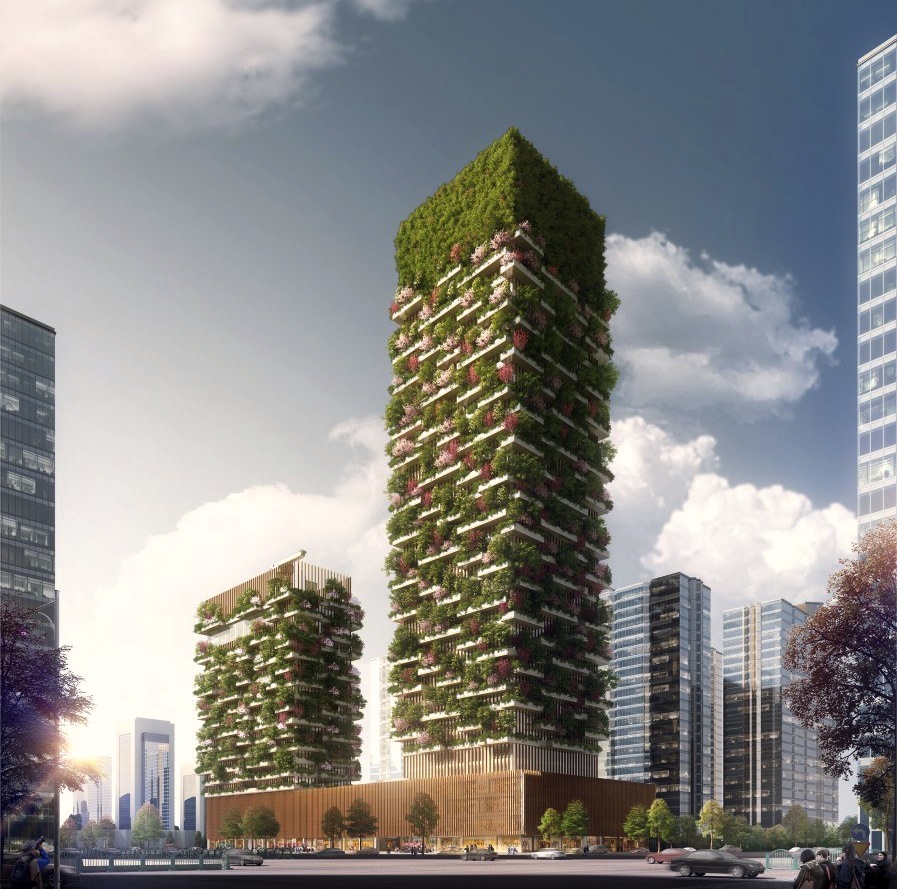 Die von 1100 Bäumen bewachsenen Nanjing Tower: Die beiden Hochhaustürme sind durch ein Geschäftszentrum verbunden.
