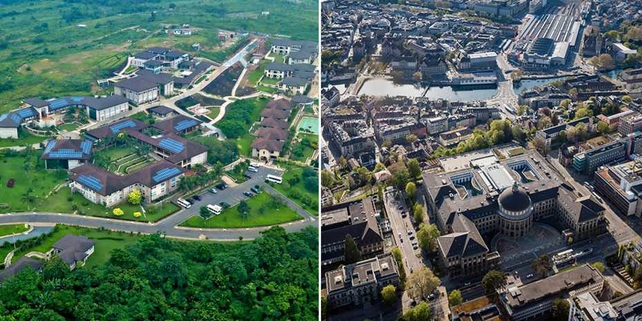 Links ist die Asheshi-Universität in Ghana zu sehen, auf der rechten Seite ist das Hauptgebäude der ETH Zürich abgebildet.